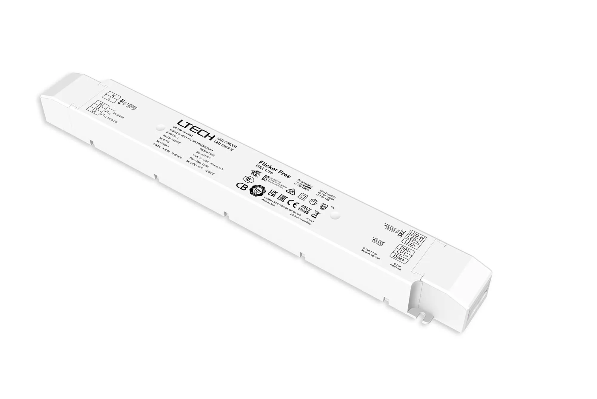 LM-150-24-G2A2  0-10V/1-10V/10V PWM/RX/Push DIM/CT, 0-100% Dim, CV 150W 24Vdc 6.25A, 200-240Vac,IP20, 5yrs Warranty.